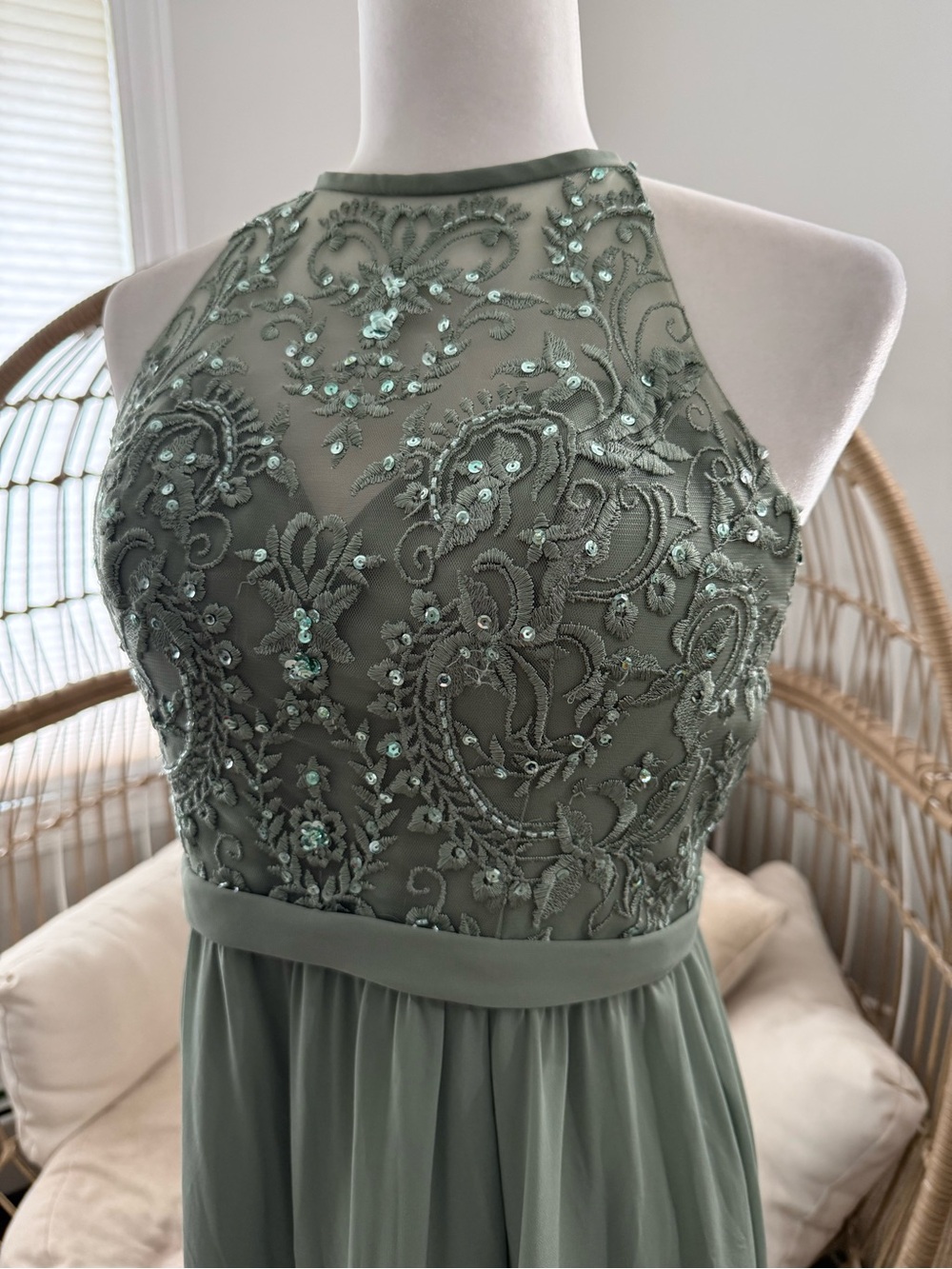 Kennedy Blue Sage Green Chiffon Lace Halter Maxi Dress Size 6 - Picture 2 of 11